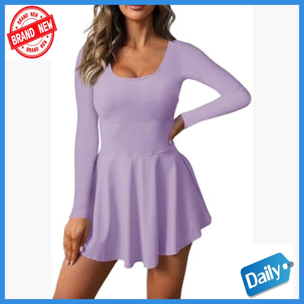 Long Sleeve Athletic Dress With Built-In Shorts, 2-In-1 Tennis Golf Activewear